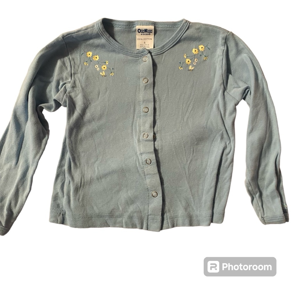 Oshkosh B’gosh Size 5 USA Blue Cardigan Button Front Shirt Flowers Bees Kids